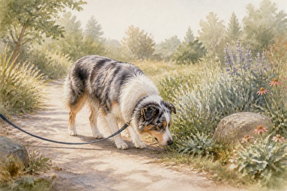 A dog sniffing calmly on a walk at an unhurried pace