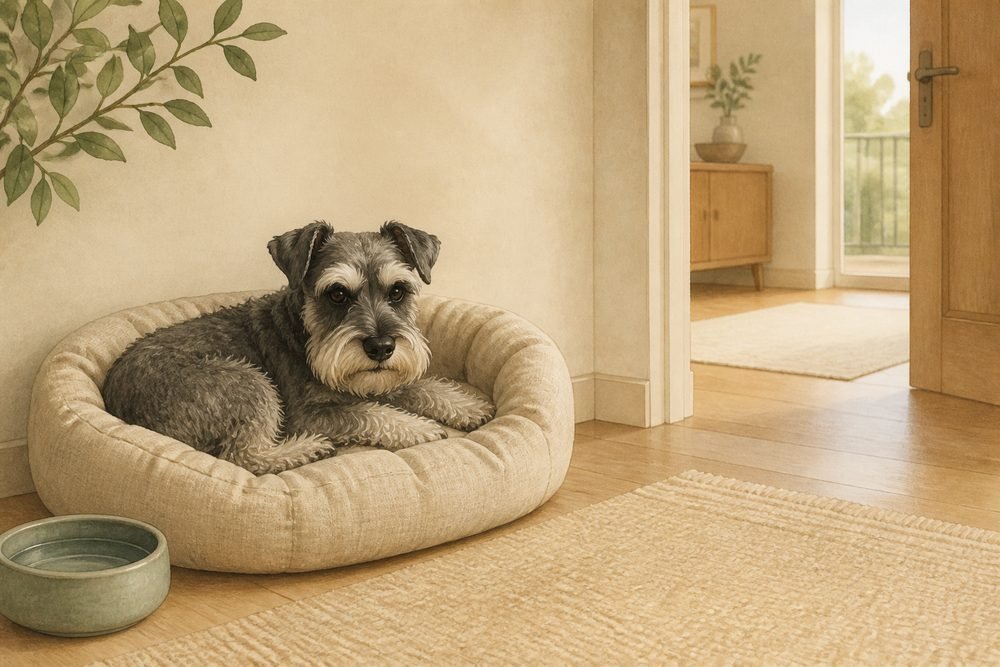 Miniature Schnauzer recovering in a quiet protected resting place