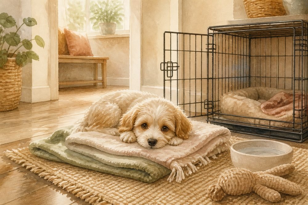 A new dog calmly settling into a quiet corner of the home