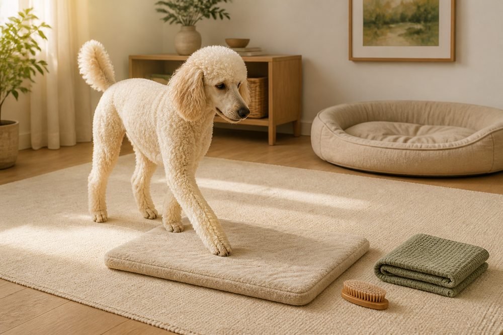 Standard Poodle voluntarily stepping onto a care mat beside grooming tools