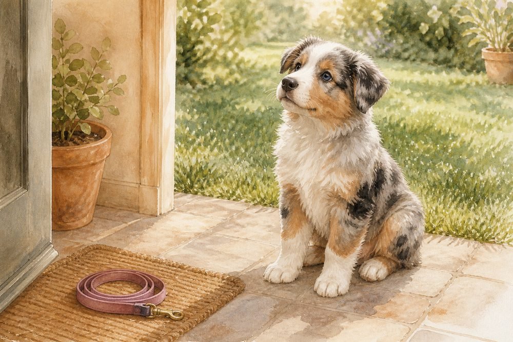 Australian Shepherd puppy sitting calmly on a sunlit patio just after coming outside