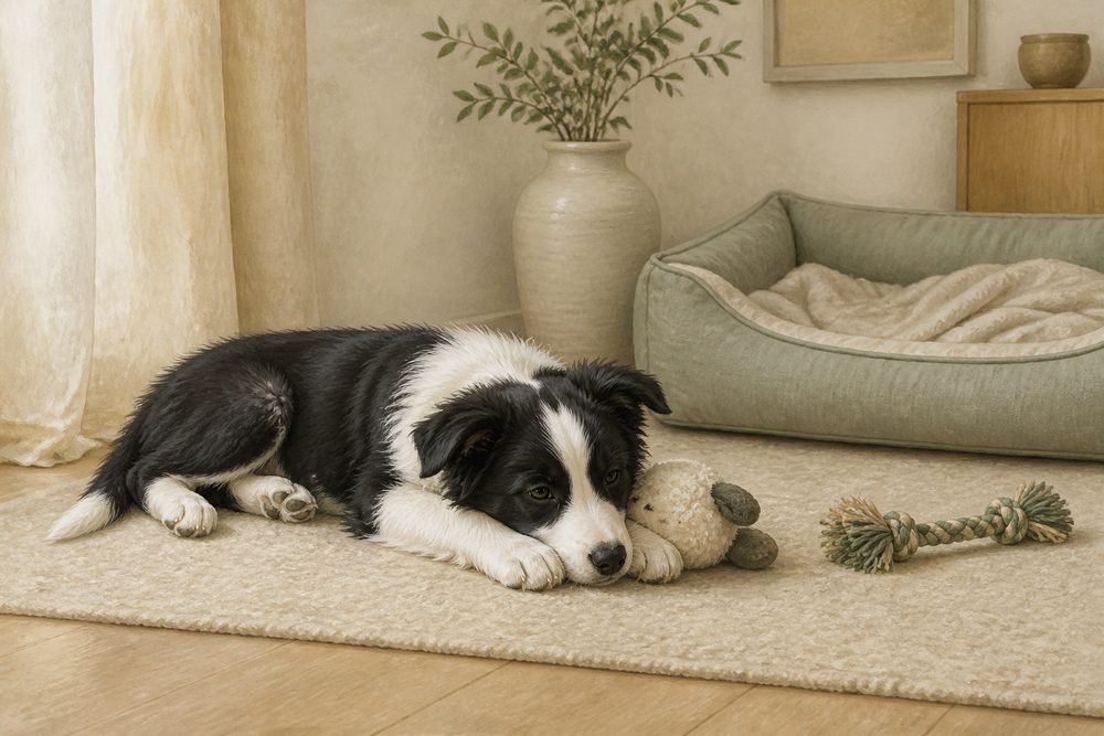 Tired Border Collie puppy resting after an exciting play period