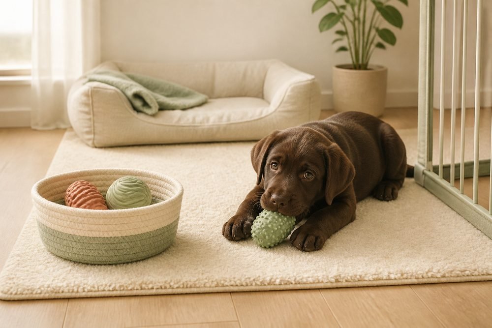 Chocolate Labrador puppy choosing a safe chew in a tidy puppy area