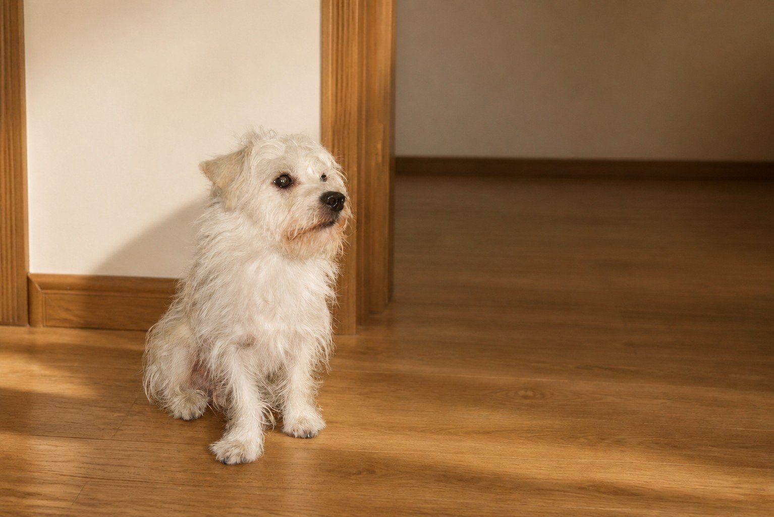 Lele sitting quietly in the hallway, in his later years