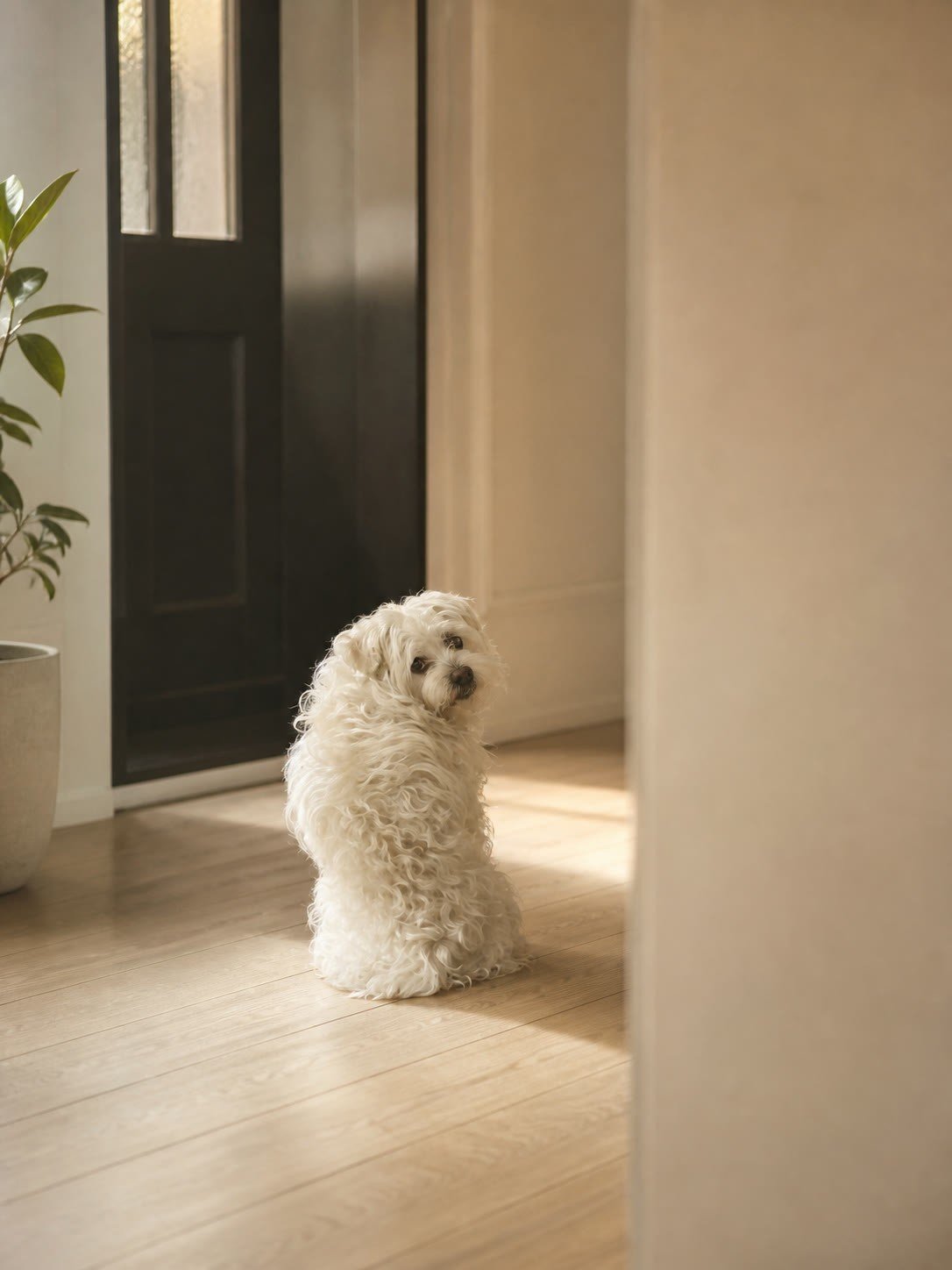 Lele sitting and waiting by the front door