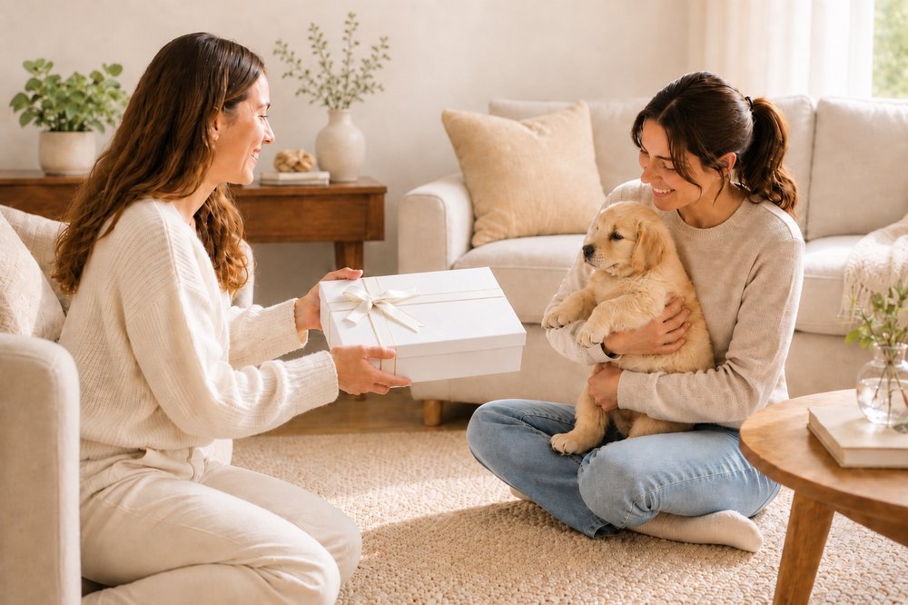One woman hands a coordinated white Pawova gift box to a friend who is holding her new golden retriever puppy