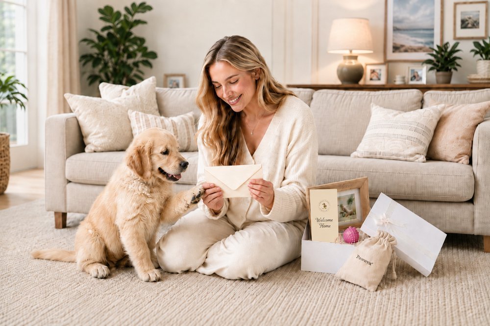 A woman sits on the floor unboxing her personalized Pawova welcome kit — coordinated white gift box, engraved wood photo frame, and branded drawstring pouch — with her new golden retriever puppy