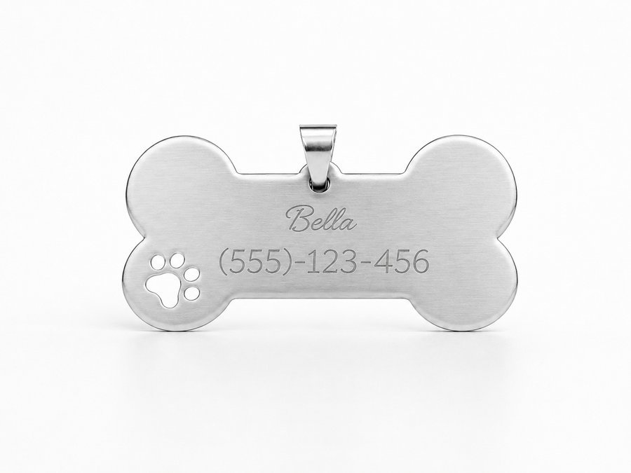 Sample Pawova bone-shaped ID tag with engraved name and phone number