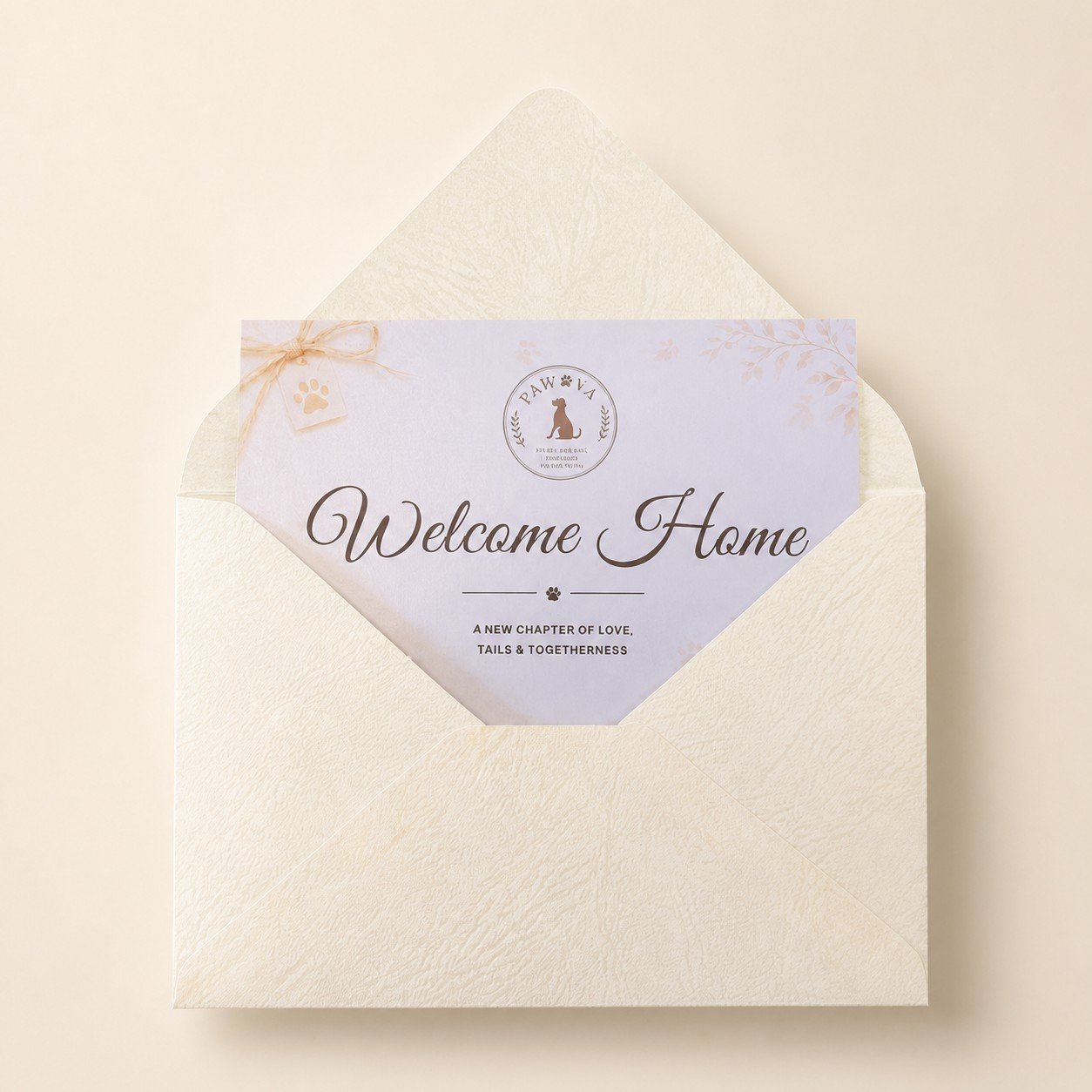 Pawova Welcome Home card in a sealed envelope