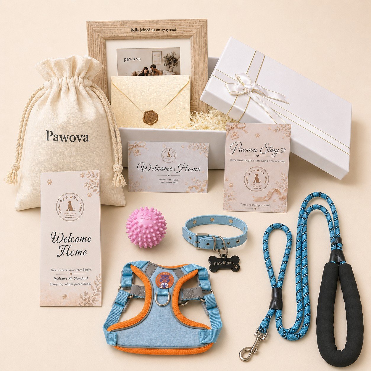 Everything included in the Pawova Welcome Kit Standard, laid out together