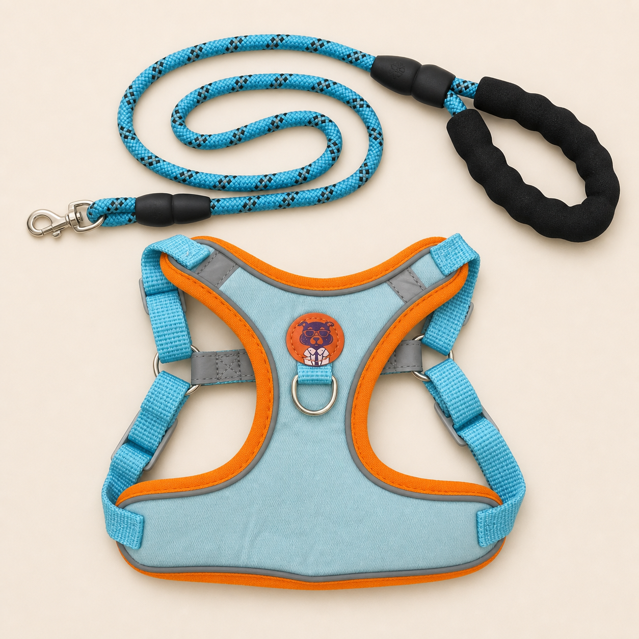 Blue and orange dog harness with matching rope leash