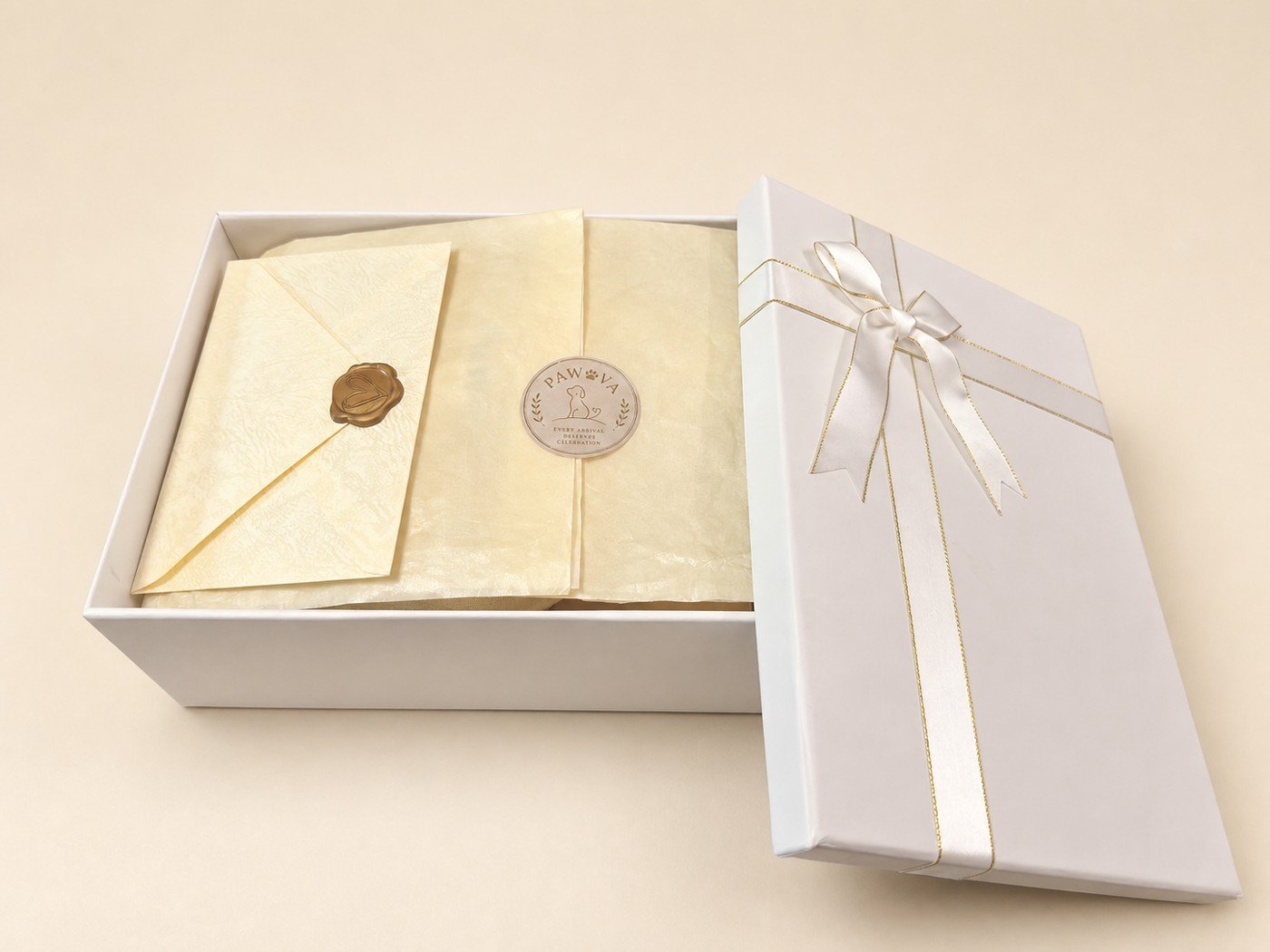First look inside the Pawova gift box, with the sealed envelope and wrapped welcome card